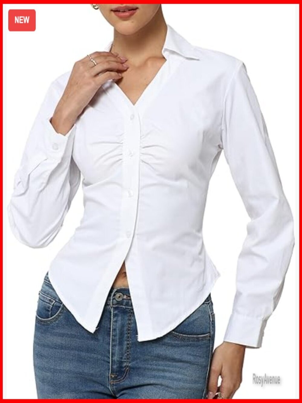 V-Neck Ruched Blouse with Lace Up Tie Back & Cinched Waist Long Sleeve Button